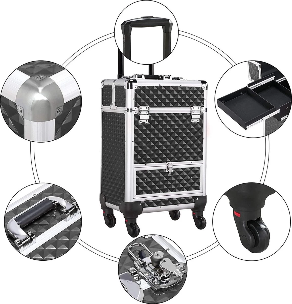 Monkey's Aluminium Kapperskoffer - Zwart - Beauty Case - Cosmeticakoffer - Make-upkoffer - Trolley - 360 Graden Wielen - 34 X 24 X 55.5 Cm 6 Monkey's Aluminium Kapperskoffer - Zwart - Beauty Case - Cosmeticakoffer - Make-upkoffer - Trolley - 360 Graden Wielen - 34 X 24 X 55.5 Cm - Afbeelding 4