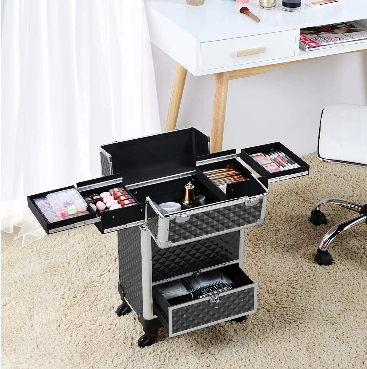 Monkey's Aluminium Kapperskoffer - Zwart - Beauty Case - Cosmeticakoffer - Make-upkoffer - Trolley - 360 Graden Wielen - 34 X 24 X 55.5 Cm 4 Monkey's Aluminium Kapperskoffer - Zwart - Beauty Case - Cosmeticakoffer - Make-upkoffer - Trolley - 360 Graden Wielen - 34 X 24 X 55.5 Cm - Afbeelding 2
