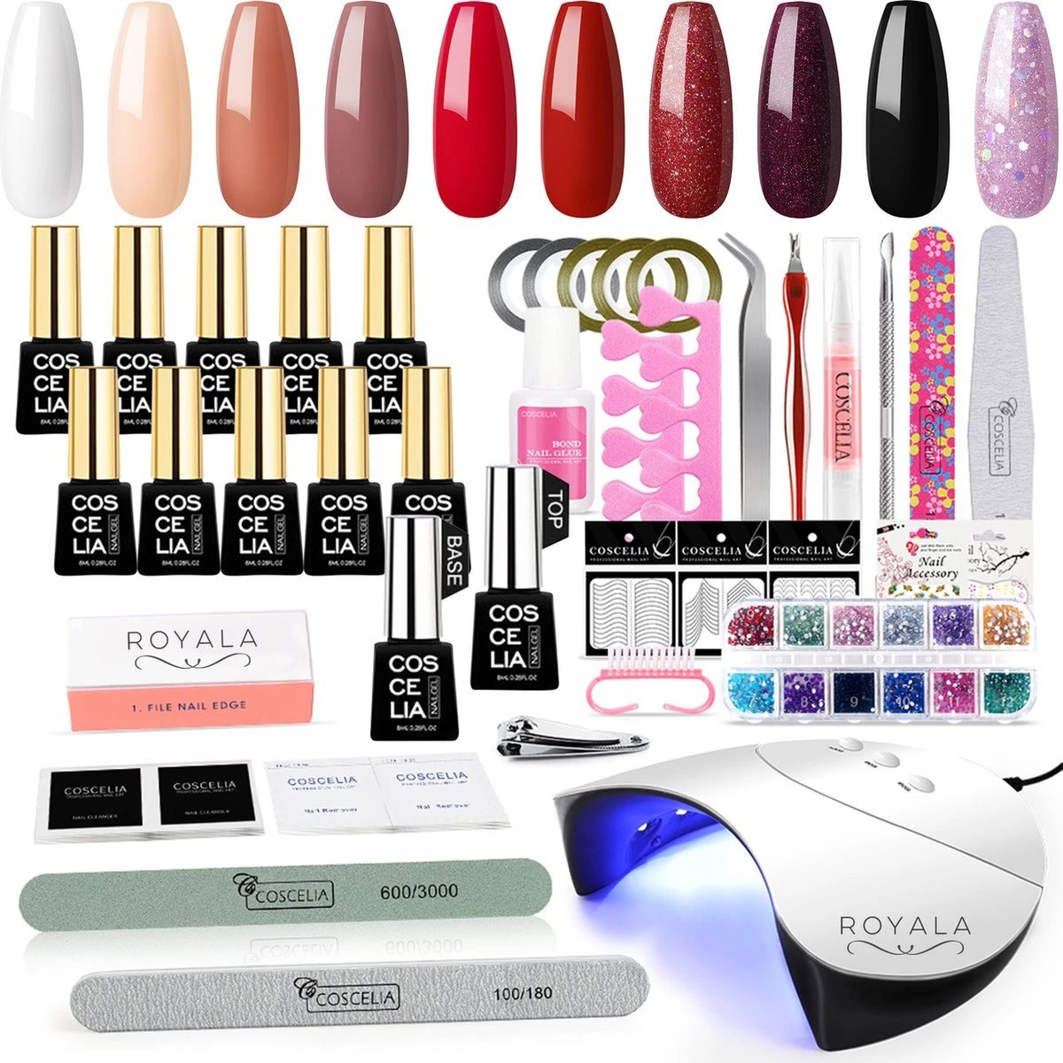 Royala D1 Gellak Starters Pakket + Inclusief UV LED Lamp + 10 Verschillende Gellak Kleuren - Gellak Lamp – Gellac Set - Alle Benodigdheden In Eén - Uitgebreid 62-Delig Pakket- Gel Polish Set - Gellak Set - UV LED Lamp 3 Royala D1 Gellak Starters Pakket + Inclusief UV LED Lamp + 10 Verschillende Gellak Kleuren - Gellak Lamp – Gellac Set - Alle Benodigdheden In Eén - Uitgebreid 62-Delig Pakket- Gel Polish Set - Gellak Set - UV LED Lamp