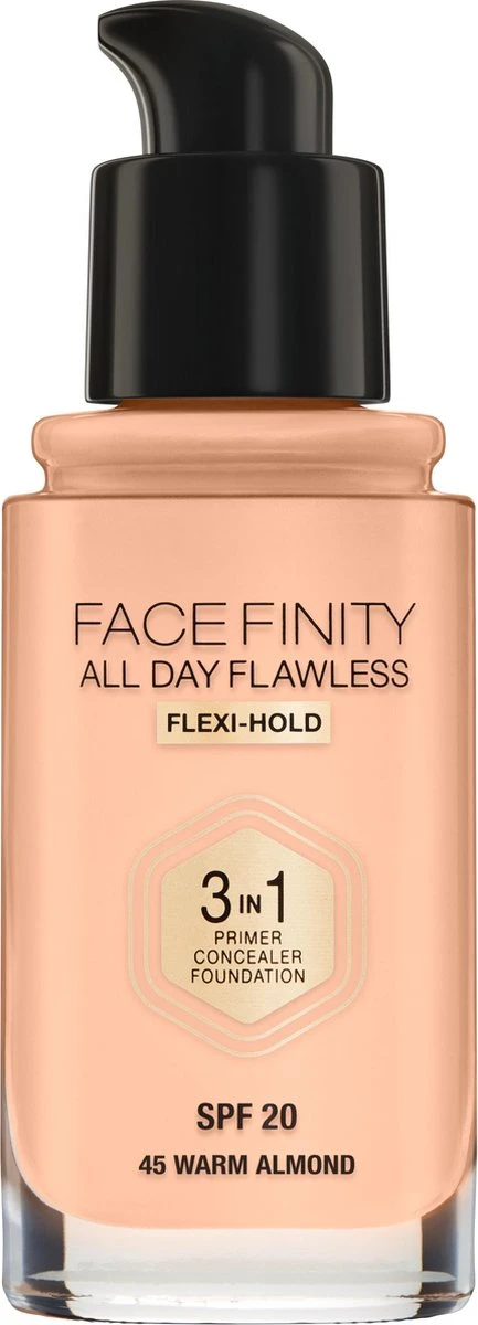 Max Factor Facefinity All Day Flawless 3-in-1 Liquid Foundation - 045 Almond 4 Max Factor Facefinity All Day Flawless 3-in-1 Liquid Foundation - 045 Almond - Afbeelding 2