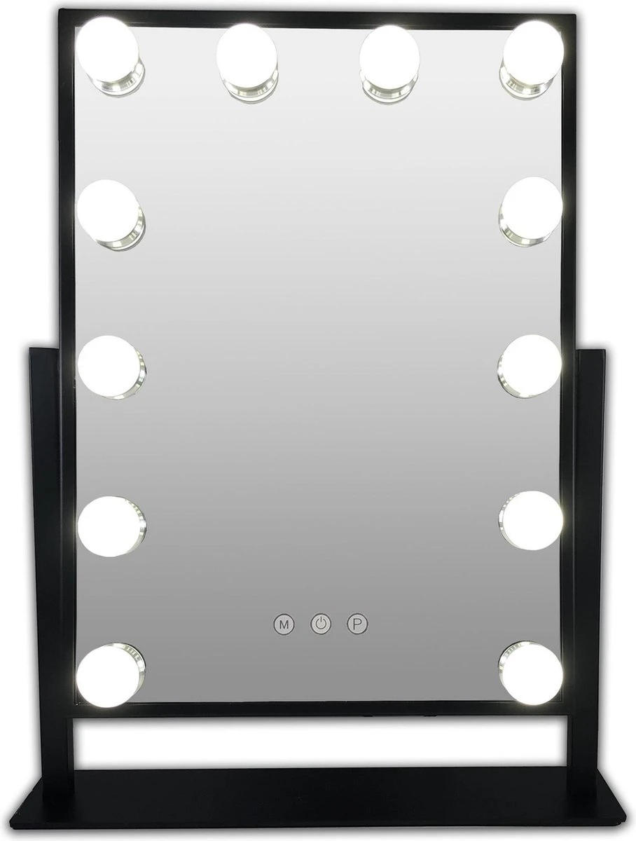 Zwarte Make-up Hollywood LED Spiegel, 12x Dimbare LED Bulbs. 3 Kleuren Licht 3 Zwarte Make-up Hollywood LED Spiegel, 12x Dimbare LED Bulbs. 3 Kleuren Licht