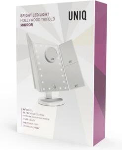 UNIQ Trifold Make Up Spiegel Met LED Verlichting En 2 Vergrootspiegels - Staande Spiegel - 21 LED-lampjes - Op Batterijen En USB (kabel Incl) - Wit -Mode-Cosmetica Winkel 983x1200